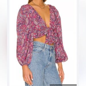 For Love And Lemons Paisley Pink Tie-Front Blouse